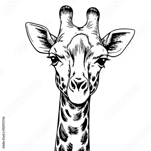 Giraffe head portrait in black and white sketch style photo