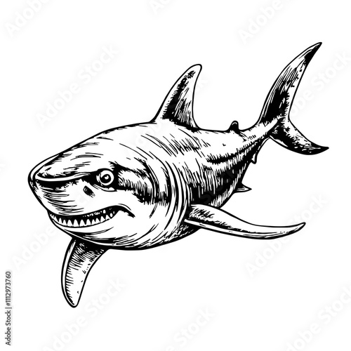 Fierce shark in black and white illustration