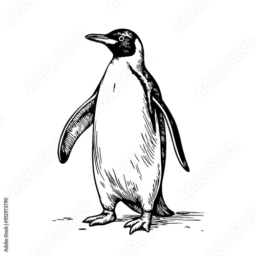 Penguin sketch in black and white standing upright