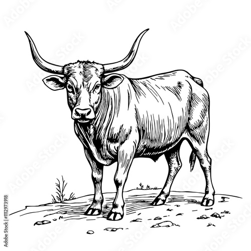 Longhorn bull sketch in black and white