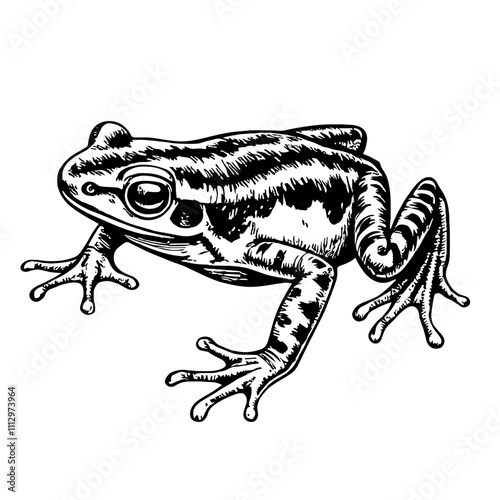 Detailed black and white sketch of frog in monochrome style photo