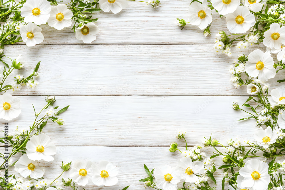 Fototapeta premium White flowers arranged on a rustic white wood background, creating a beautiful floral frame with copy space. Perfect for springtime, wedding, or feminine designs.