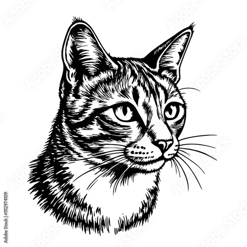 Cat portrait in black and white woodcut style