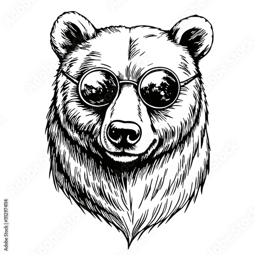 Cool bear wearing sunglasses in black and white sketch style photo