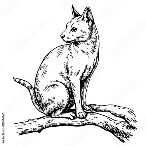 Cat sitting on branch in black and white illustration