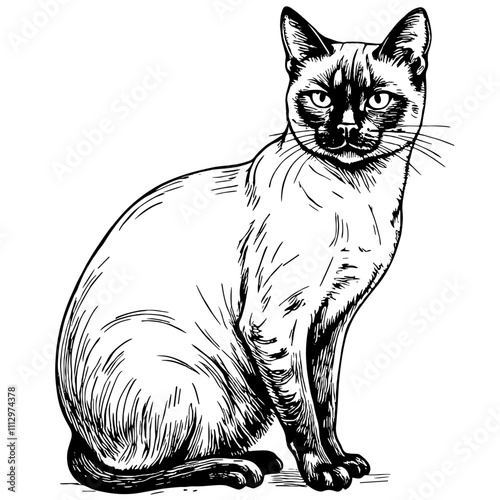 Siamese cat sitting in black and white sketch style