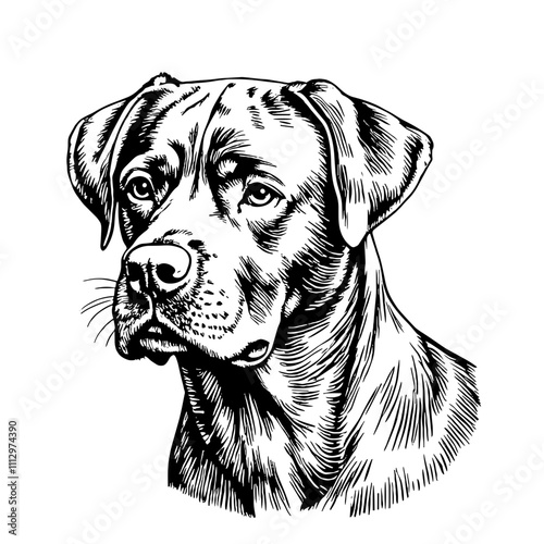 Black and white portrait of attentive Labrador dog