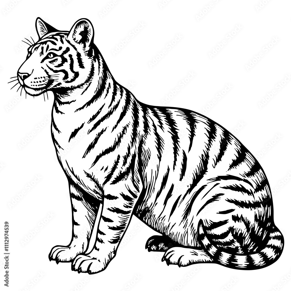 Fototapeta premium Majestic tiger sitting in black and white illustration