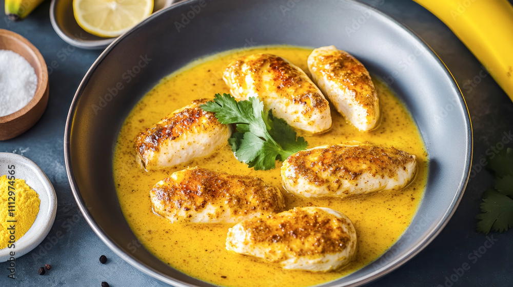 Unique culinary fusion blending bananas and chicken in a savory curry sauce, perfect for adventurous home cooks seeking new flavors Unique culinary fusion blending bananas and chicken in a savory curry sauce, perfect for adventurous home cooks seeking new flavors