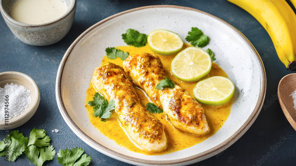 Delicious curry chicken with banana and lime sauce served in an elegant bowl Delicious curry chicken with banana and lime sauce served in an elegant bowl