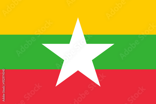 Myanmar flag in official colors, dimensions and aspect ratio. Vector flag symbolizing national pride, identity, heritage, patriotism and authority