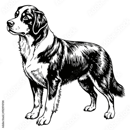 Black and white illustration of standing dog