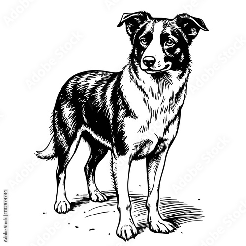 Border Collie sketch in black and white standing alert