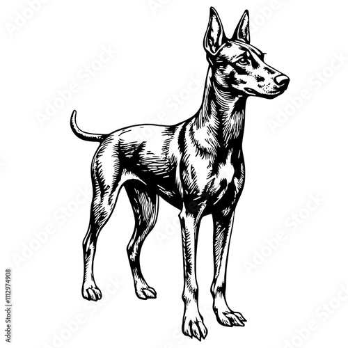 Alert Doberman Pinscher dog in black and white illustration