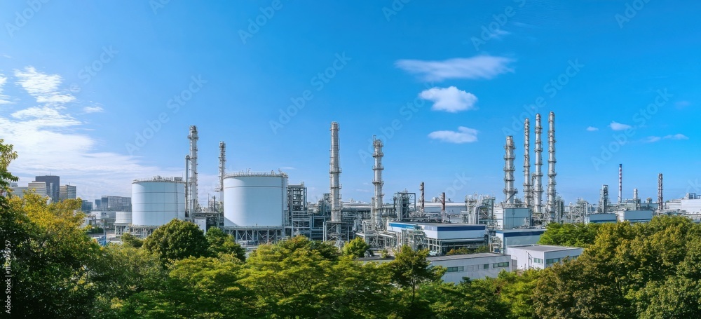 Obraz premium Oil refinery plant from industry zone with lush green trees and blue sky, large Oil and gas petrochemical industrial, Refinery factory oil storage tank and pipeline, Ecosystem and good environment.
