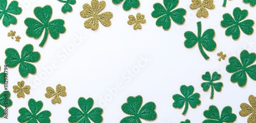 Shamrock green card with scattered gold glitter clovers and blank space for festive St. Patricka??s greetings.