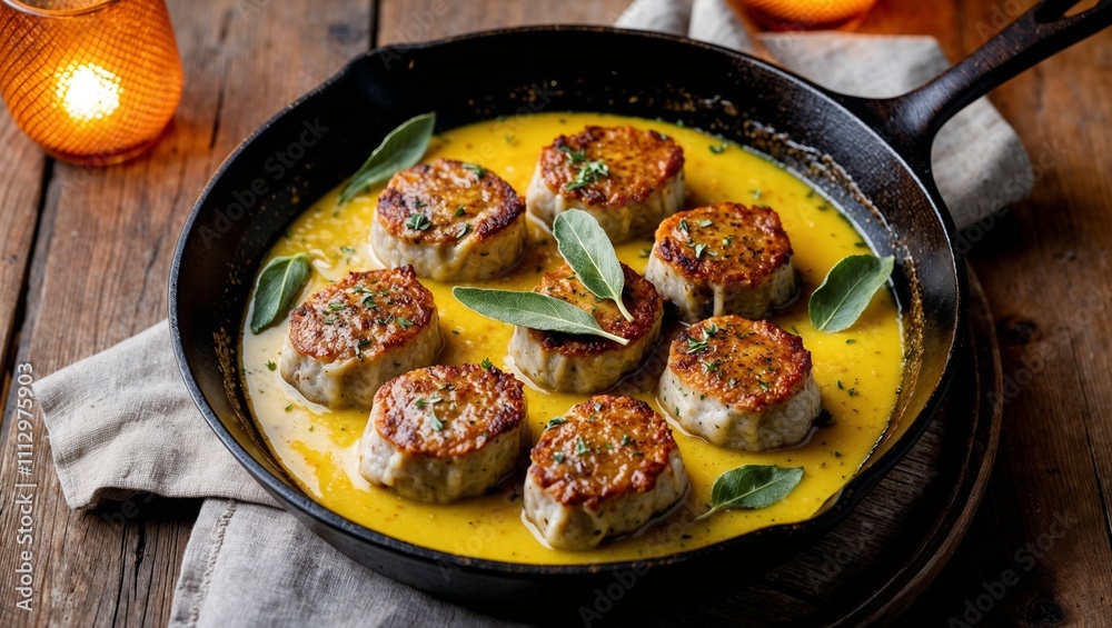 Pork medallions in saffron sauce with sage in a rustic skillet Pork medallions in saffron sauce with sage in a rustic skillet