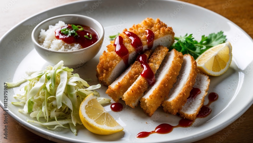 Tonkatsu deep fried pork cutlets with cabbage and rice. Japanese dish, Asian cuisine. Tonkatsu deep fried pork cutlets with cabbage and rice. Japanese dish, Asian cuisine.
