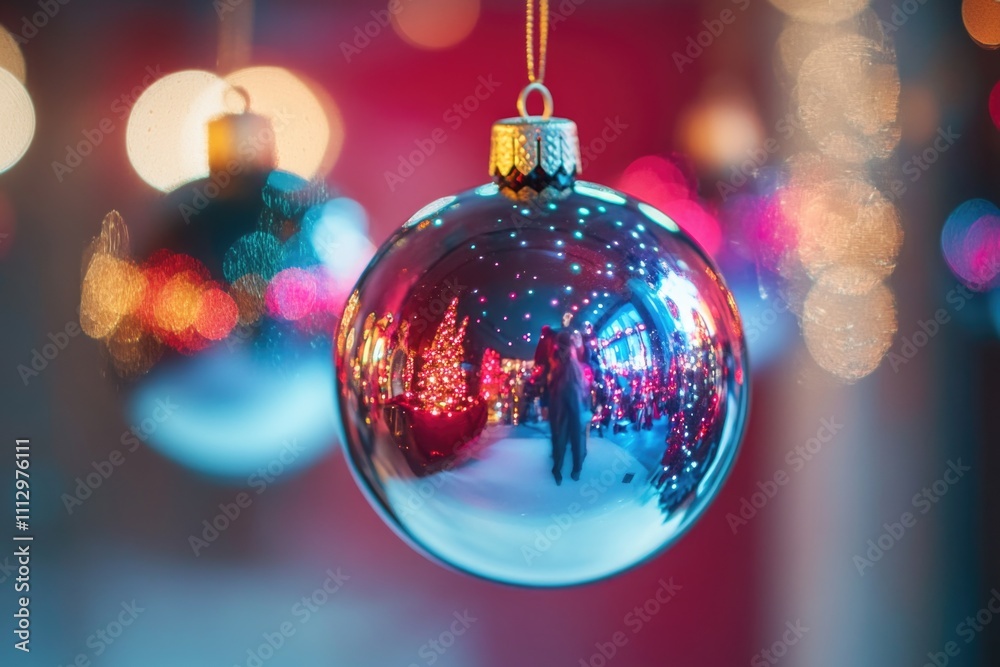 A close-up view of a Christmas ornament with colorful lights in the background, perfect for holiday cards and decorations A close-up view of a Christmas ornament with colorful lights in the background, perfect for holiday cards and decorations