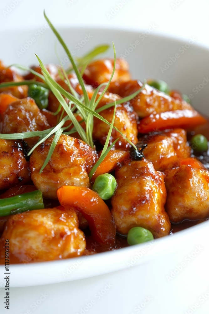 Glazed meat, vegetables, savory sauce, garnish, bowl. Glazed meat, vegetables, savory sauce, garnish, bowl.