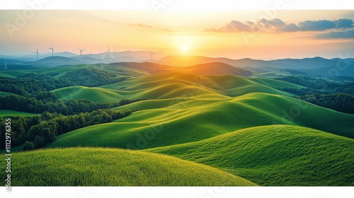 Serene Sunset Over Rolling Green Hills with Wind Turbines in the Background, Capturing the Beauty of Nature's Landscape and Renewable Energy Power Generation