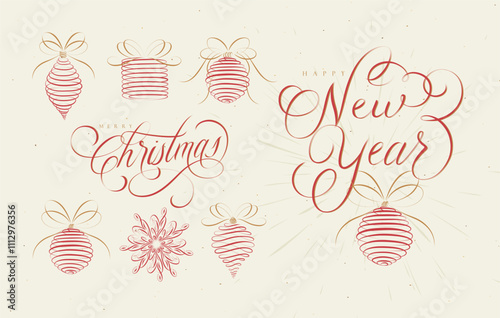 Obraz na płótnie Christmas tree toys icons collection set with lettering new year drawing in linear swirl style with red on beige background w salonie