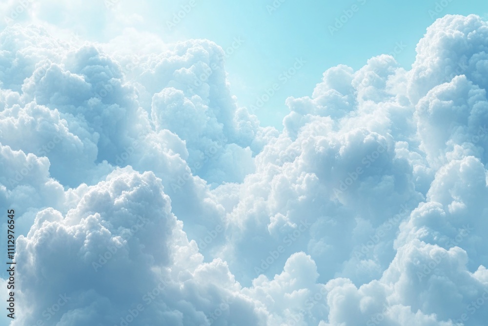 A plane flies through a cloudy sky with white puffy clouds and blue horizon A plane flies through a cloudy sky with white puffy clouds and blue horizon