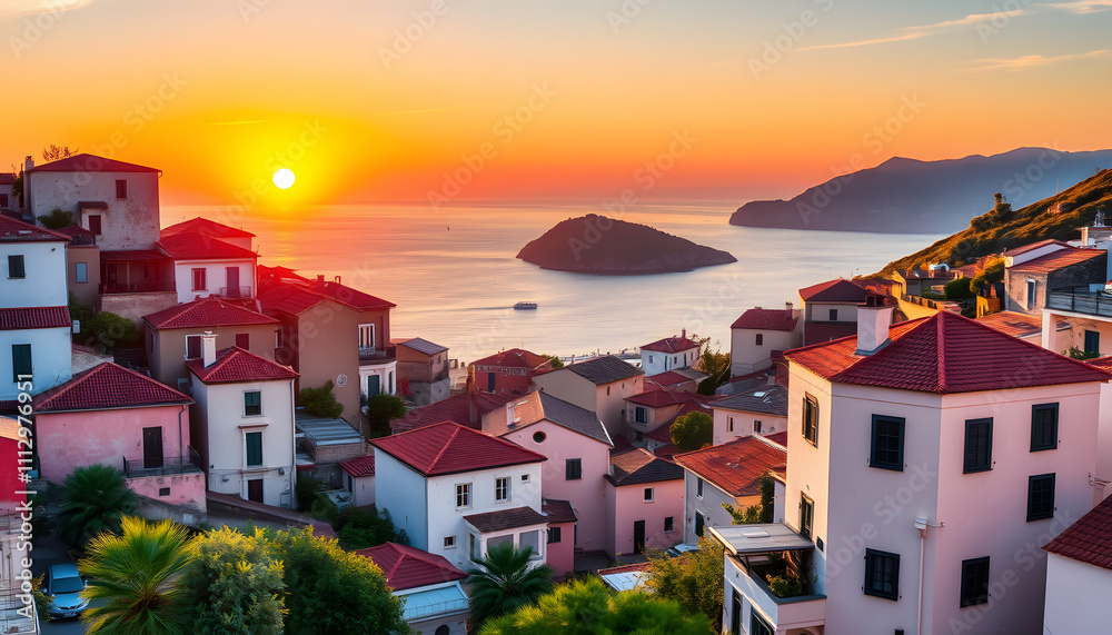 Houses of Procida in magic sunset with the island of Ischia in the background isolated with white highlights, png Houses of Procida in magic sunset with the island of Ischia in the background isolated with white highlights, png