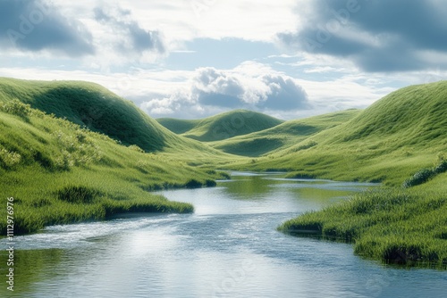 A serene river flows through a lush green valley with rolling hills and trees