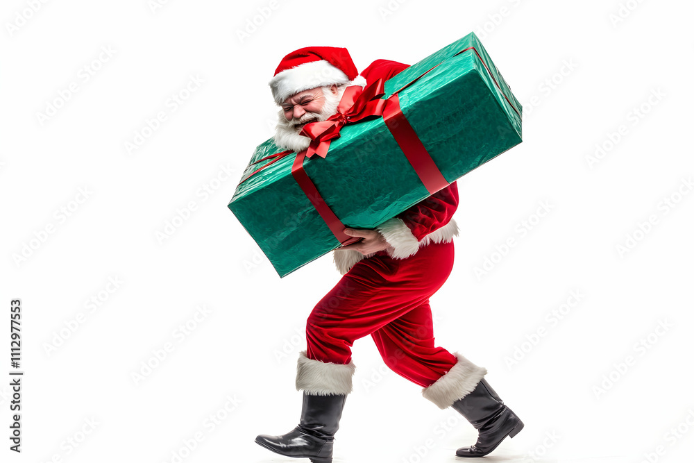 Santa Claus struggles to carry a large, green Christmas gift, his expression showing the strain. Perfect for holiday cards or websites. Santa Claus struggles to carry a large, green Christmas gift, his expression showing the strain. Perfect for holiday cards or websites.