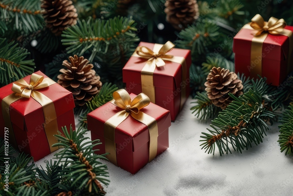 Christmas red gift boxes, fir tree branches and pine cones, Christmas background Christmas red gift boxes, fir tree branches and pine cones, Christmas background