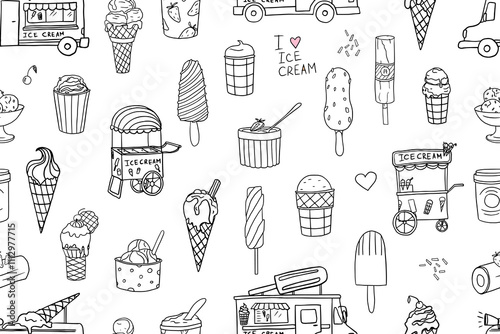 Cute seamless pattern of ice cream van, ice cream truck and ice cream in a waffle cone. Gelato. Great for summer dessert menu design, banner, packaging. Hand drawn. Doodle style