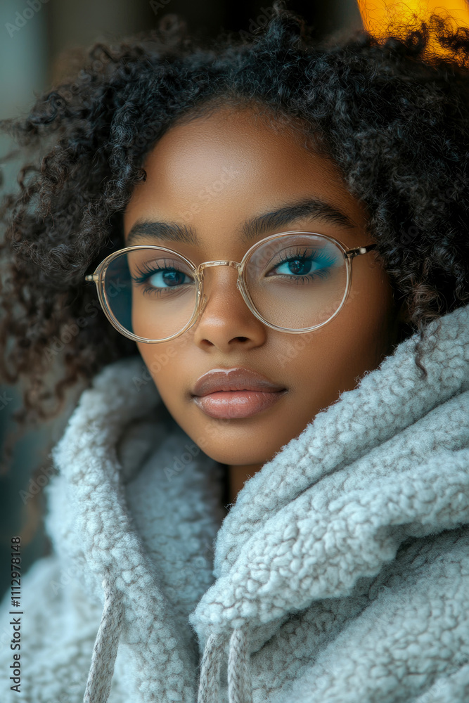 A young person with curly hair and glasses showcases their warm smile while dressed in a cozy gray hoodie, creating an inviting atmosphere A young person with curly hair and glasses showcases their warm smile while dressed in a cozy gray hoodie, creating an inviting atmosphere