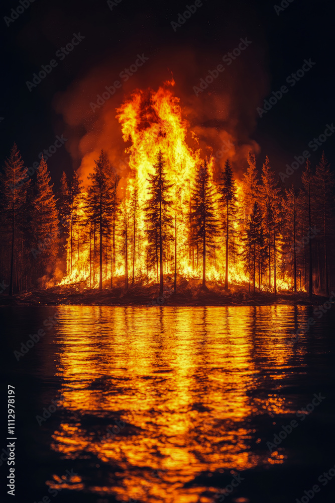 Flames engulf trees while reflecting brightly on the calm water surface, creating a striking contrast against the night backdrop Flames engulf trees while reflecting brightly on the calm water surface, creating a striking contrast against the night backdrop