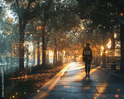 A serene outdoor environment where a person uses AR navigation on smart glasses, warm filminspired tones photo