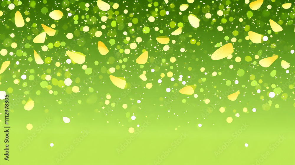 Fototapeta premium Abstract green background with falling yellow petals and bokeh lights, perfect for spring or summer themes, creating a vibrant and cheerful mood.