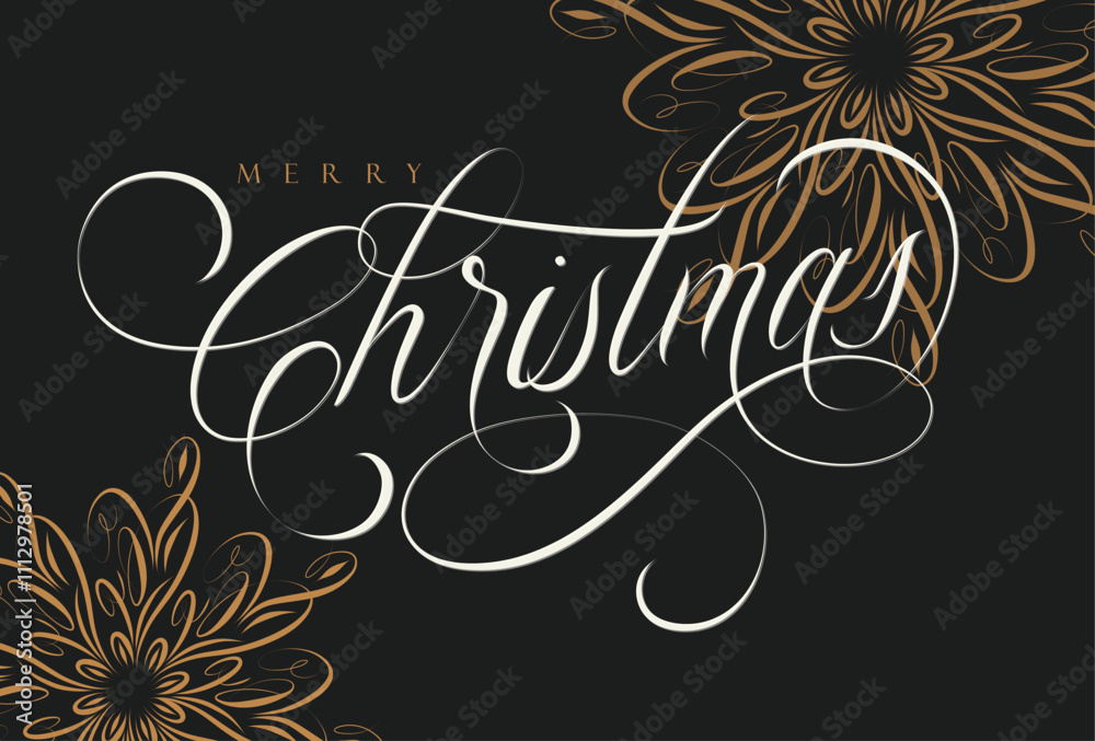 Merry Christmas handwritten calligraphic lettering with floral arrangement drawing on black background