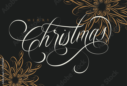 Obraz na płótnie Merry Christmas handwritten calligraphic lettering with floral arrangement drawing on black background w salonie