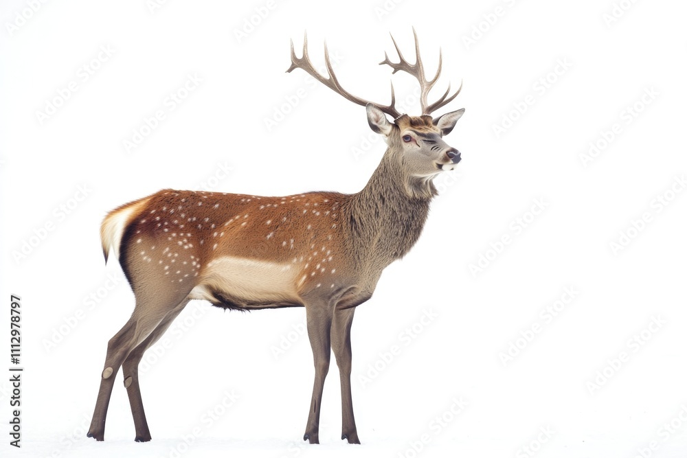 A deer stands still in the snow with a white background A deer stands still in the snow with a white background