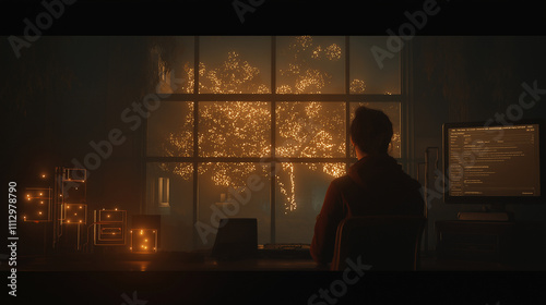 The camera focuses on the screen where the person is adding dropout layers to the neural network, with certain nodes dimming as others remain brightly connected, dynamically alteri