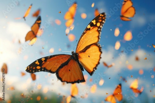 A cluster of vibrant orange butterflies soaring through the air