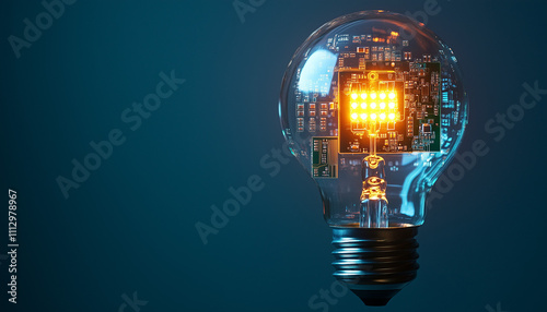 illuminated buld with circuit board inside. light bulb on dark background photo