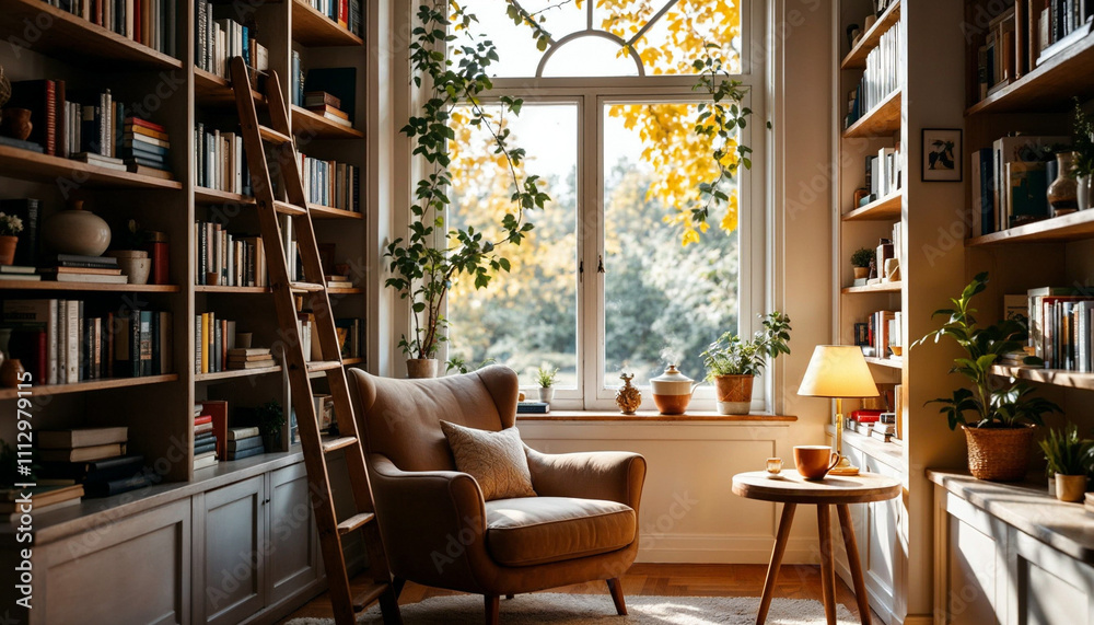 Cozy reading nook with bookshelves, natural light, and a comfy armchair. Cozy reading nook with bookshelves, natural light, and a comfy armchair.