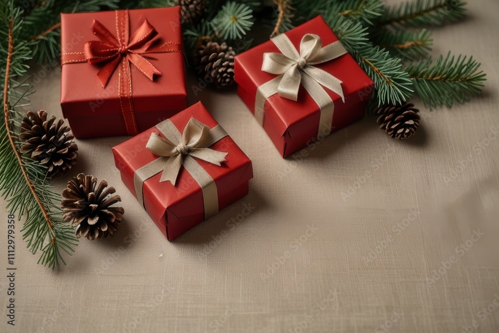 Christmas red gift boxes, fir tree branches and pine cones, Christmas background Christmas red gift boxes, fir tree branches and pine cones, Christmas background