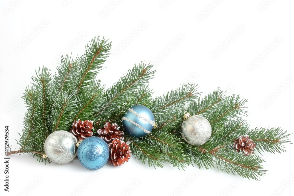 A decorative branch from a Christmas tree adorned with blue and silver ornaments A decorative branch from a Christmas tree adorned with blue and silver ornaments