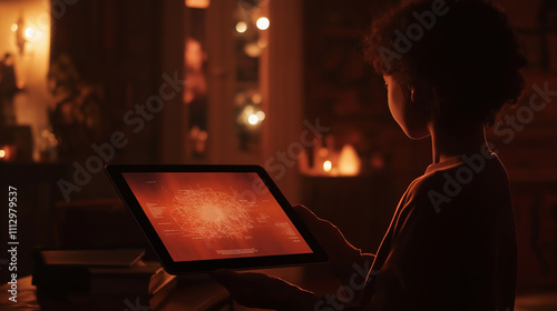 An over-the-shoulder shot reveals the tablet screen, where the neural network's web of nodes shifts and reconfigures in response to the userâs input, lines of connection pulsing wi photo