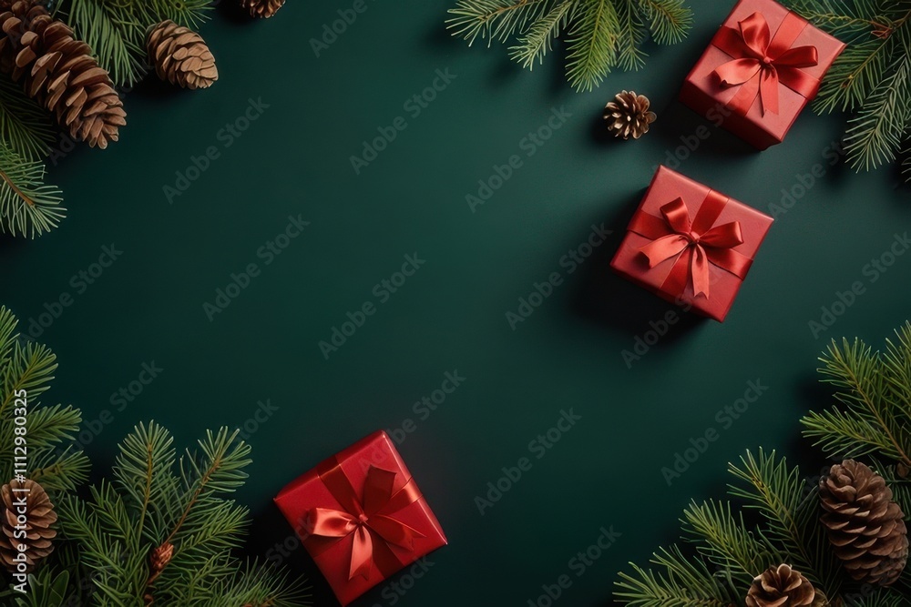 Christmas red gift boxes, fir tree branches and pine cones, Christmas background 