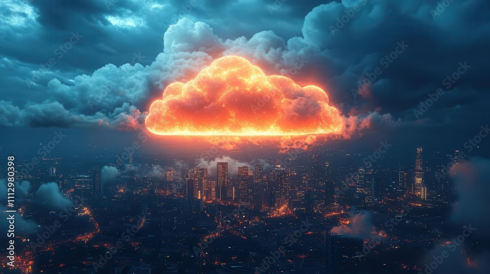 Fototapeta premium A symbolic glowing cloud icon floating above a bustling cityscape, warm filminspired tones