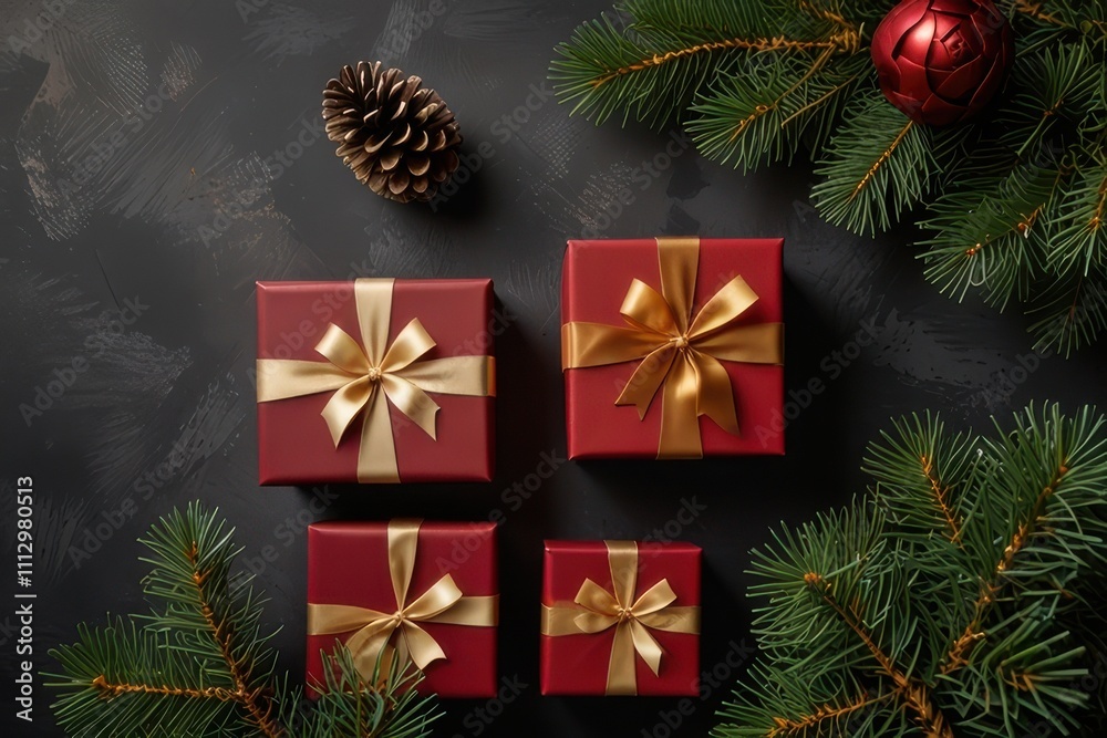 Christmas red gift boxes, fir tree branches and pine cones, Christmas background Christmas red gift boxes, fir tree branches and pine cones, Christmas background