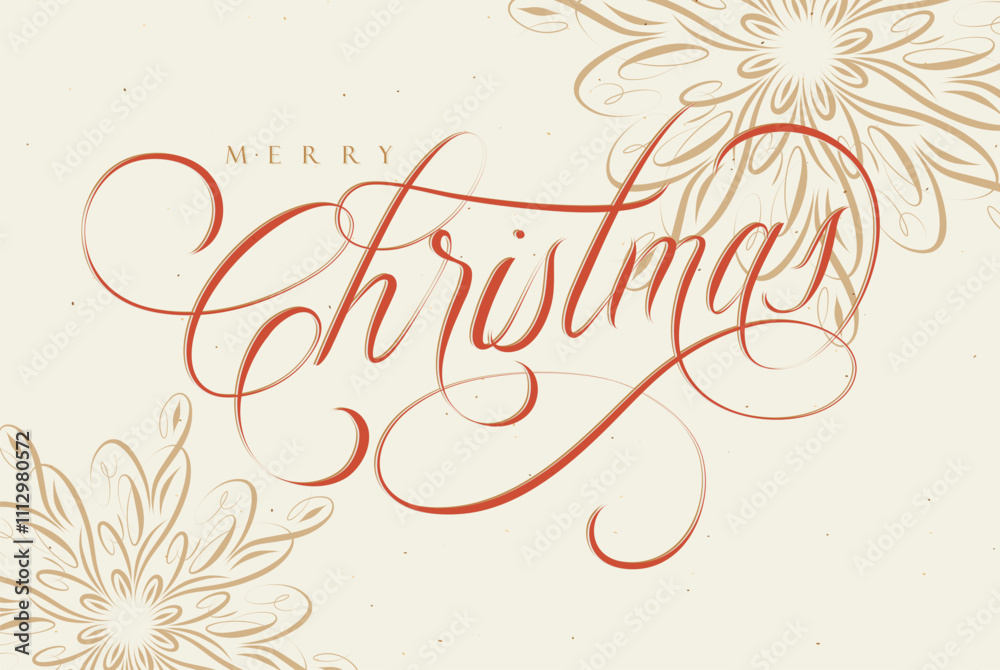 Merry Christmas handwritten calligraphic lettering with floral arrangement drawing with red on beige color background